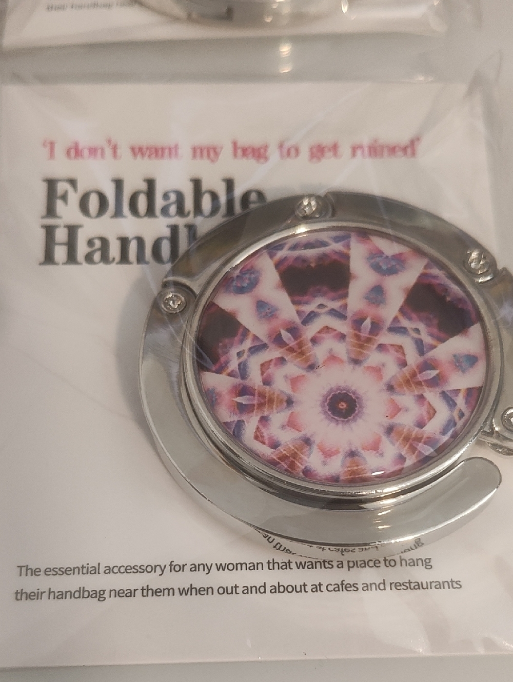 Foldable Handbag Hook with Purple Kaleidoscope Design